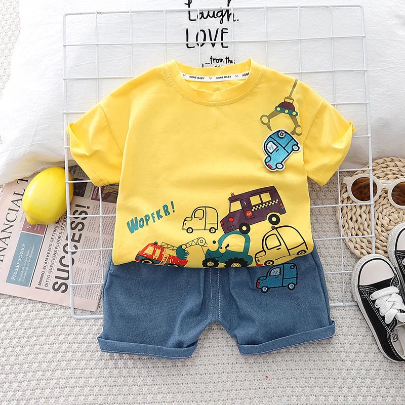 Cartoon Car T-Shirt + Denim Shorts