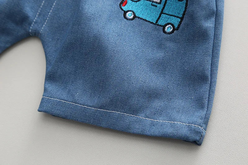Cartoon Car T-Shirt + Denim Shorts