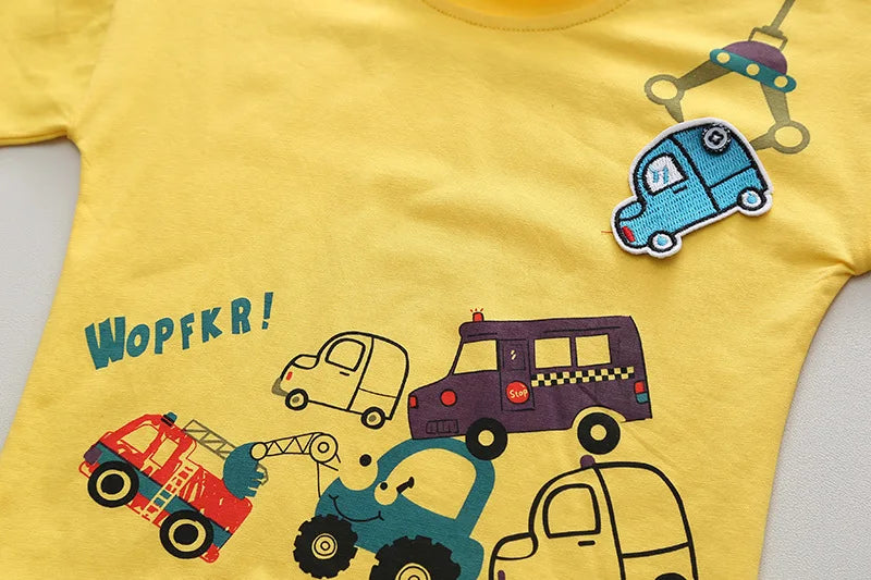 Cartoon Car T-Shirt + Denim Shorts
