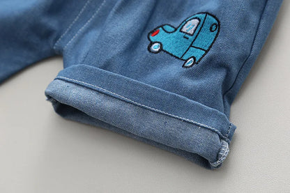 Cartoon Car T-Shirt + Denim Shorts