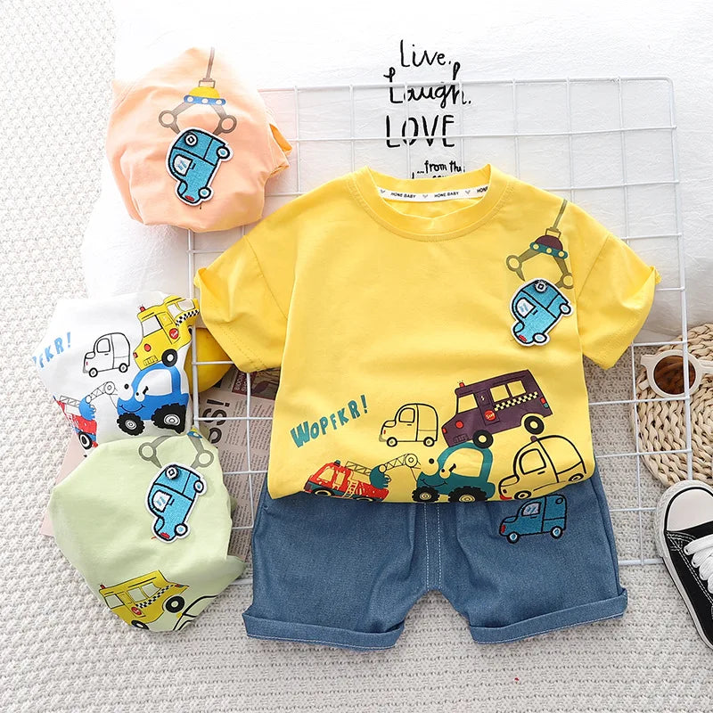 Cartoon Car T-Shirt + Denim Shorts