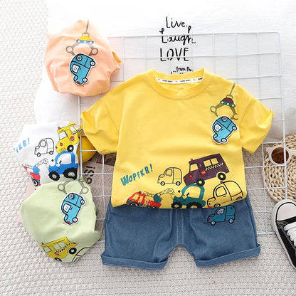 Cartoon Car T-Shirt + Denim Shorts