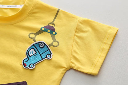 Cartoon Car T-Shirt + Denim Shorts