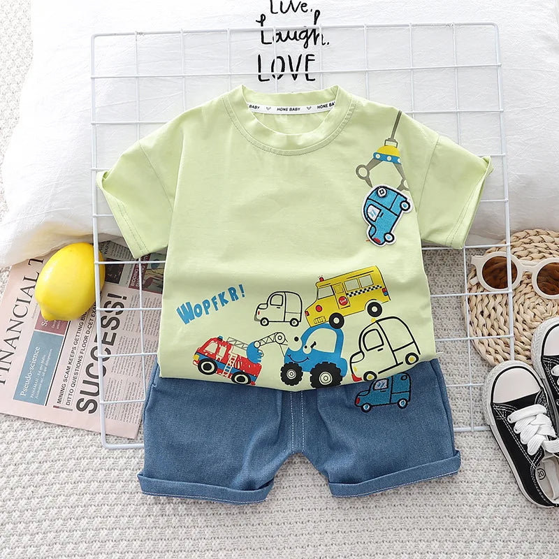 Cartoon Car T-Shirt + Denim Shorts