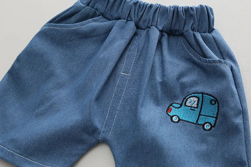 Cartoon Car T-Shirt + Denim Shorts