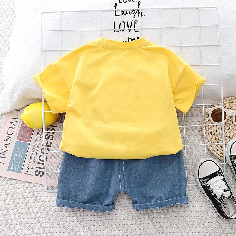 Cartoon Car T-Shirt + Denim Shorts