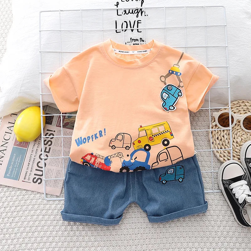 Cartoon Car T-Shirt + Denim Shorts