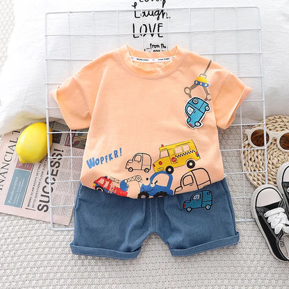 Cartoon Car T-Shirt + Denim Shorts