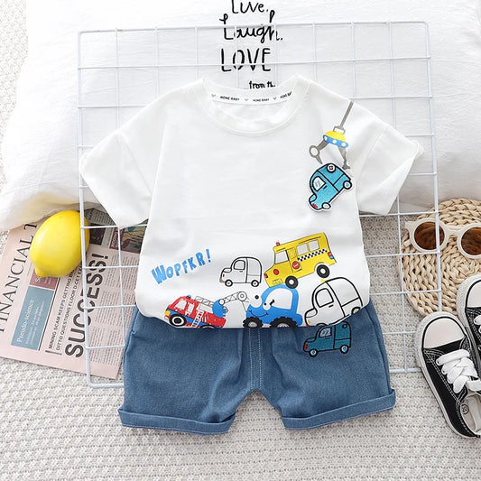 Cartoon Car T-Shirt + Denim Shorts